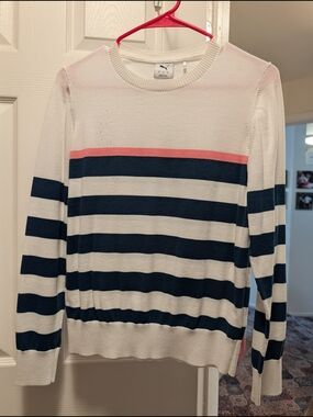 Puma Women's White Navy Striped Crewneck Sweater with Pink Accent